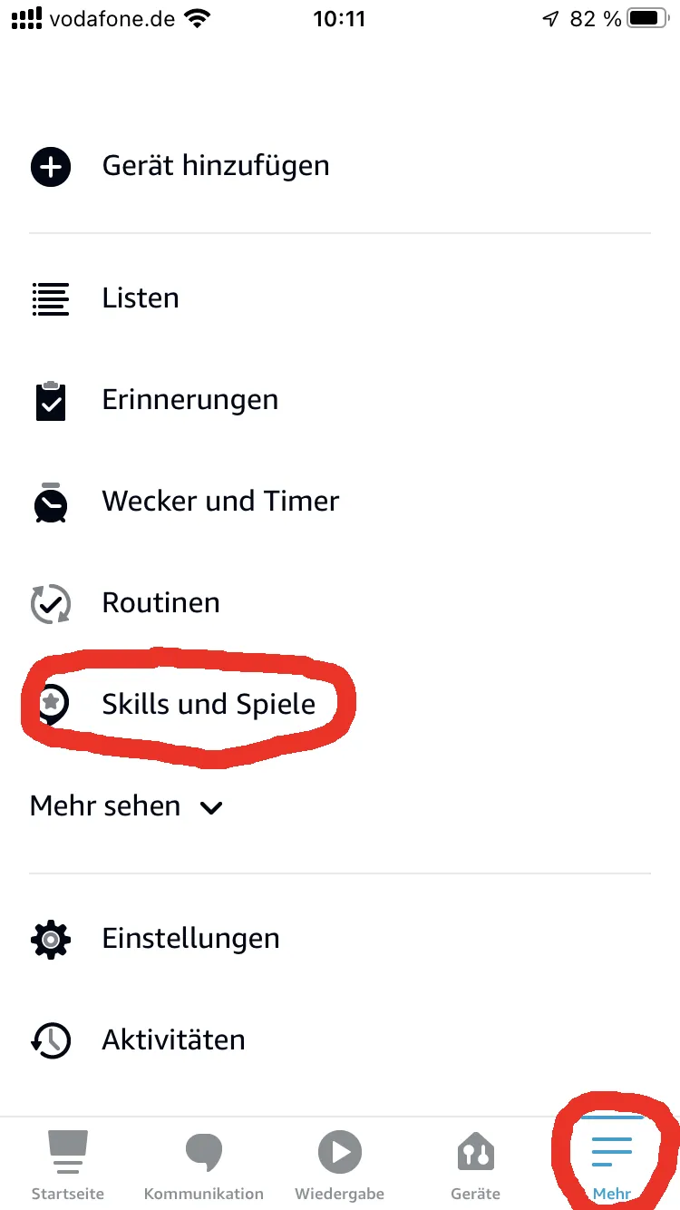 Skills et jeux dans le menu Alexa